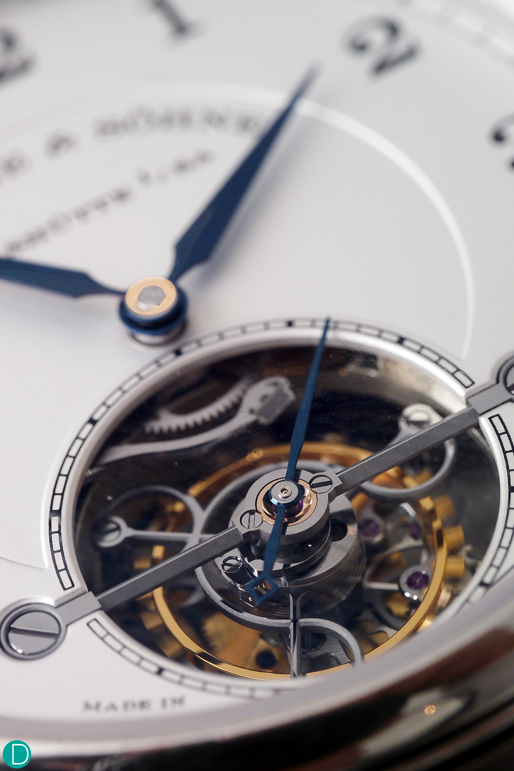 Lange 1815 Tourbillon showing detail of dial cutout which exposes the magnificent tourbillon and seconds hand.