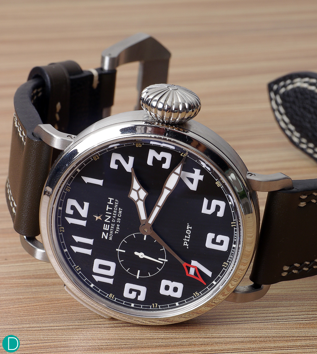 The Zenith Montre D’Aéronef Type 20 GMT Pilot. Zenith owns the name Pilot, and being the only company allowed to use the name on a watch, is rather discrete with the single word Pilot on the dial.