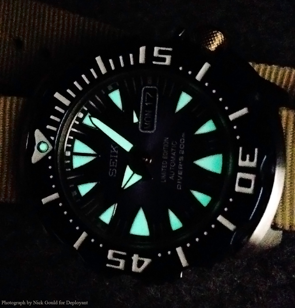 Seiko "Blue Monster" lume shot, showing the bright glow.