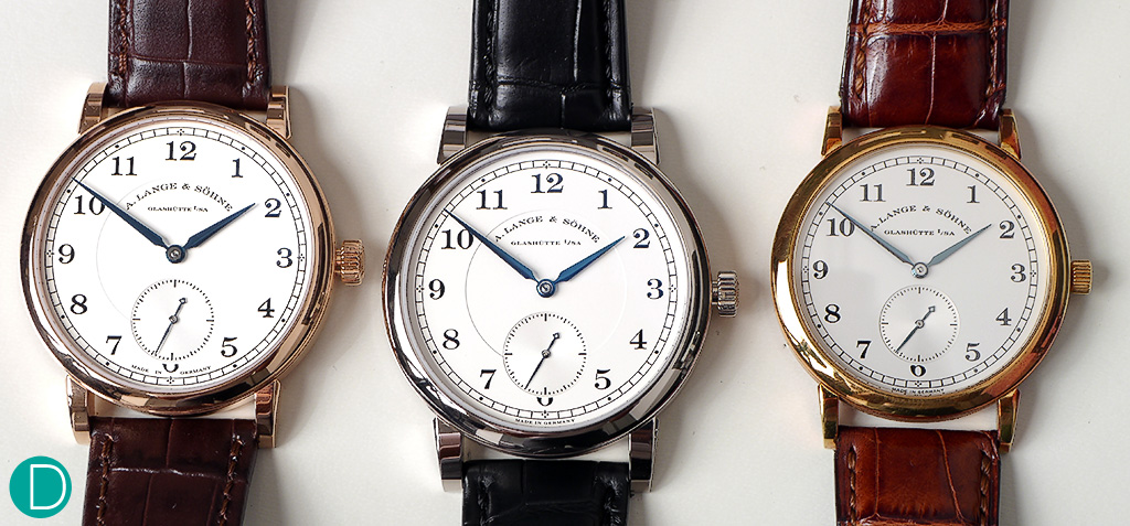 The three generations of the 1815. The latest variant of the 1815 is on the left (in Pink Gold), while the original variant of the 1815 is on the right (in Yellow Gold).