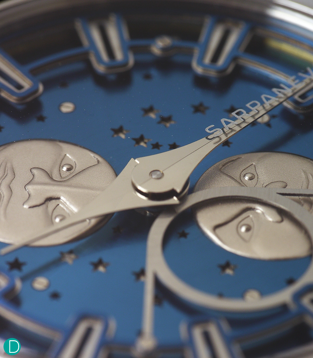 The dial is in 3 parts, in stainless steel, and diamond coated to b very special blue colour. Stepan does this diamond coating himself by hand.