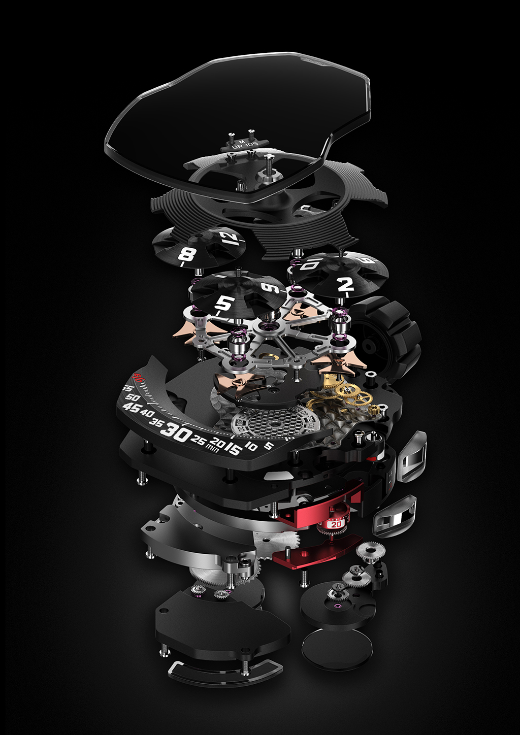 Exploded view of the movement: Caliber UR5.01 with 38 jewels, beating at 28,800 bph and a power reserve of 42 hours.