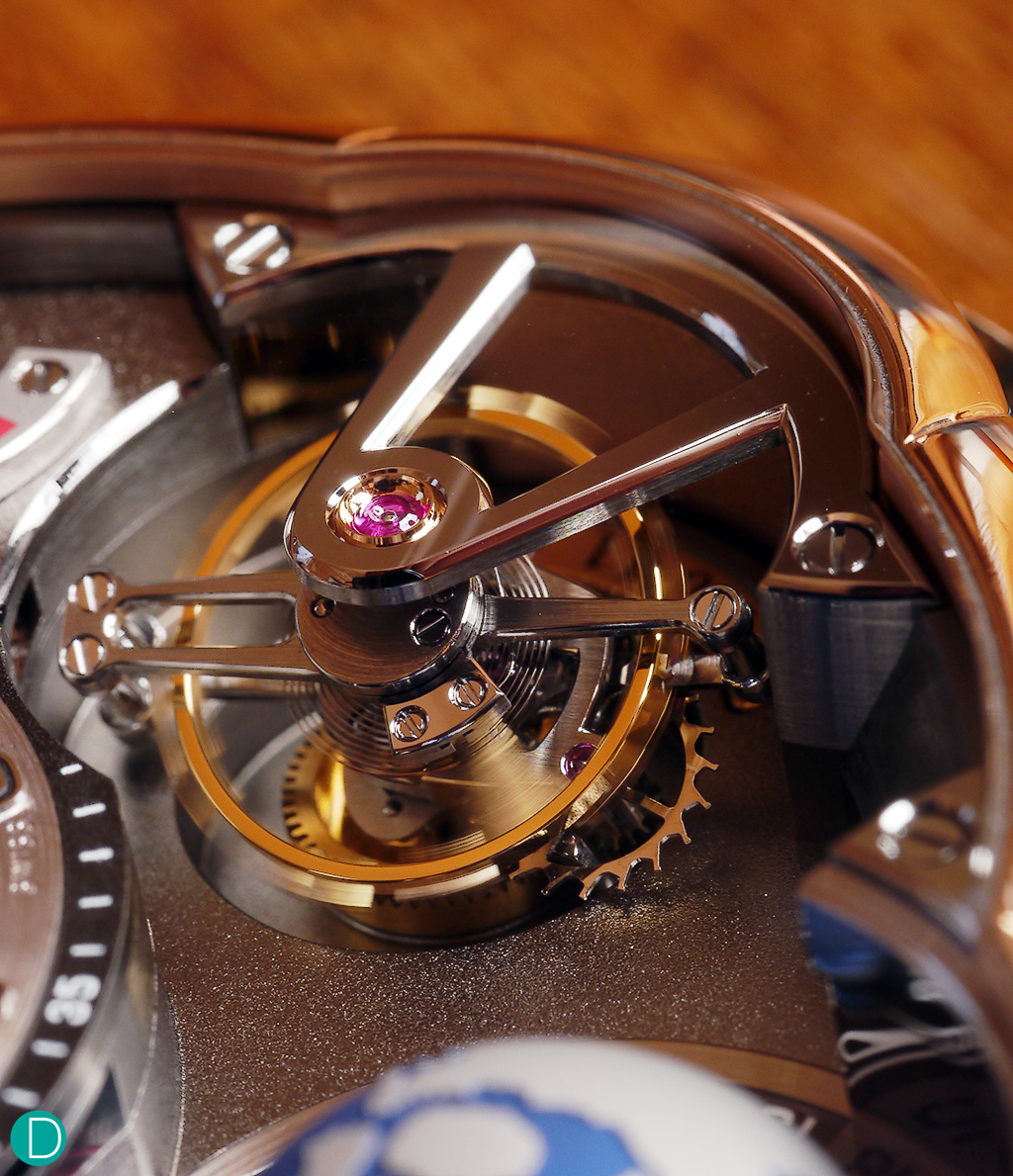 Detail of the Greubel-Frosay incline tourbillon. Note the high level of finishing on the tourbillon cock, which is opened to allow the viewer to have an unblocked view of the inclined tourbilllon, and allow the watchmaker to show the finishing artistry on the bridge itself with the sharp anglage and inward angles within.