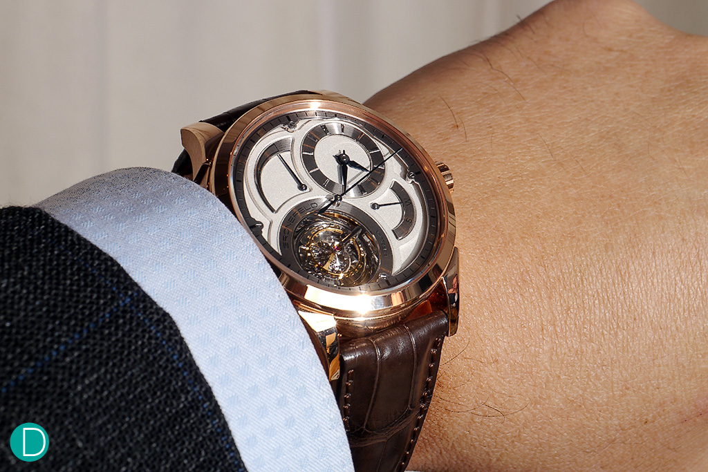 Grönefeld  Parallax Tourbillon on the wrist. Case is a modest 43mm diameter with a thickess of 12.5mm.
