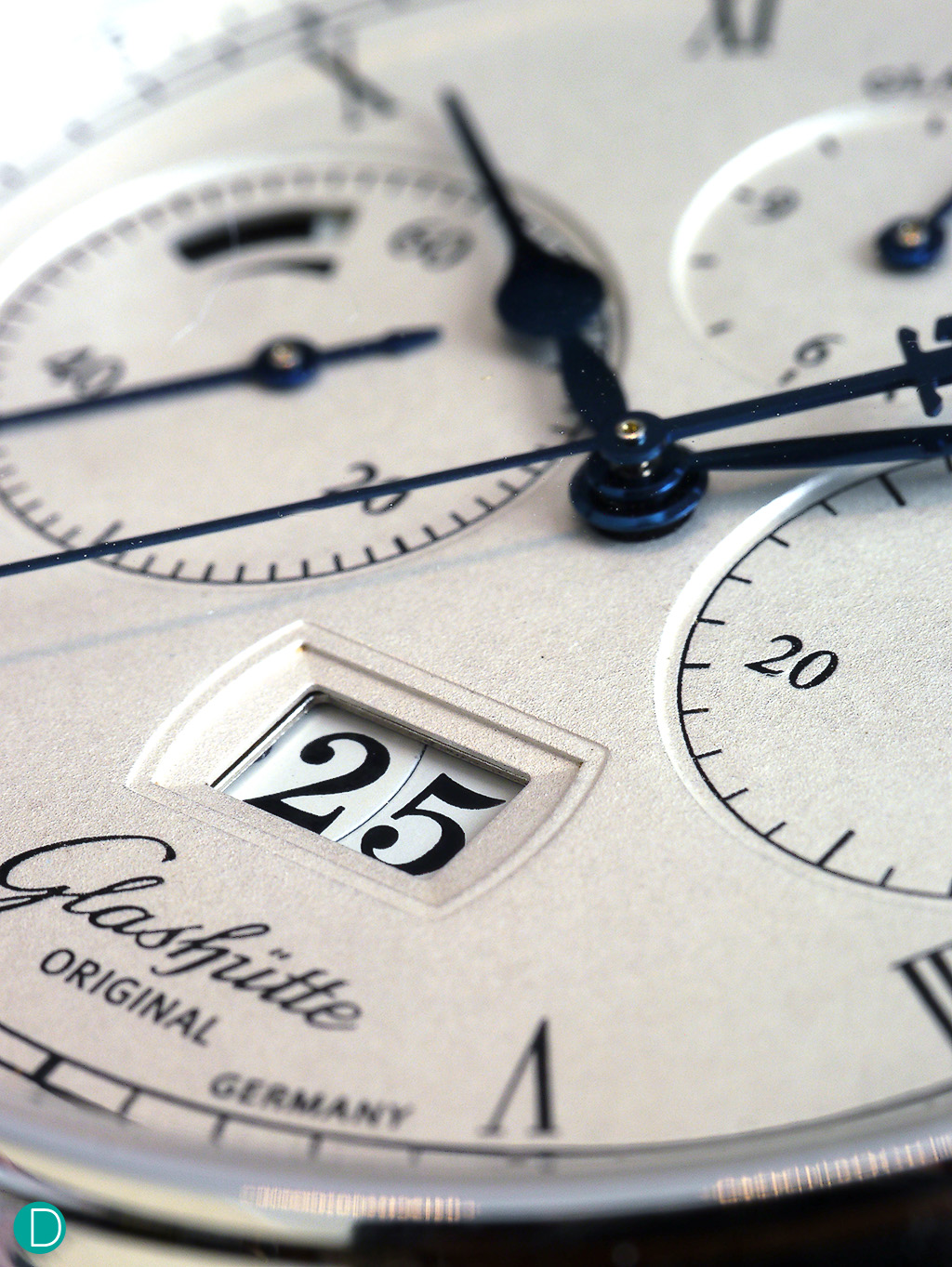 Glashütte Original Senator Chronograph Panorama Date dial detail.