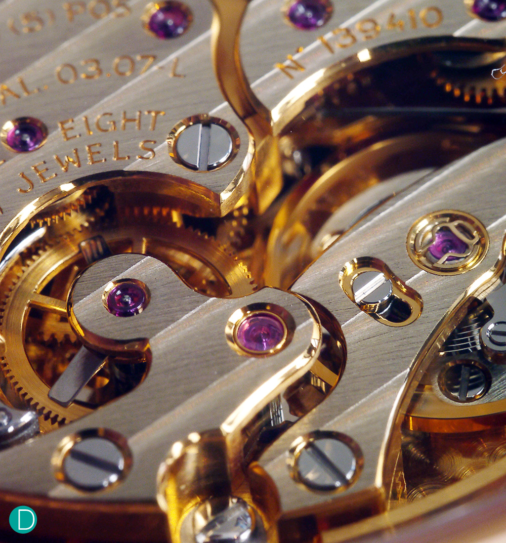 Detail of the movement, showing the German Silver bridges executed with complex shapes. Note the beautiful anglage which is highly polished and catches the light, gleaming.