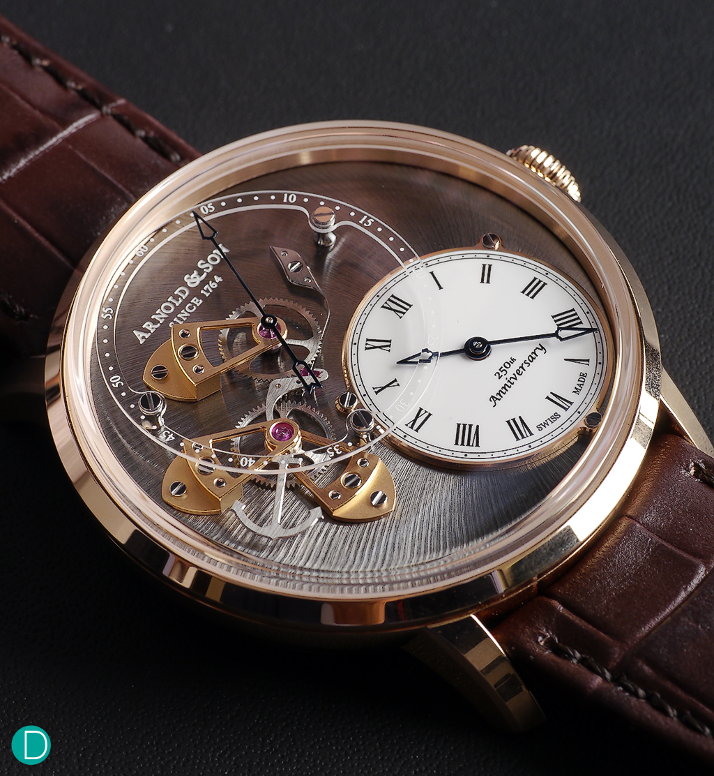 Arnold & Son DSTB (Dial Side True Beat), with the dead beat mechanism shown proudly on the dial side of the movement.