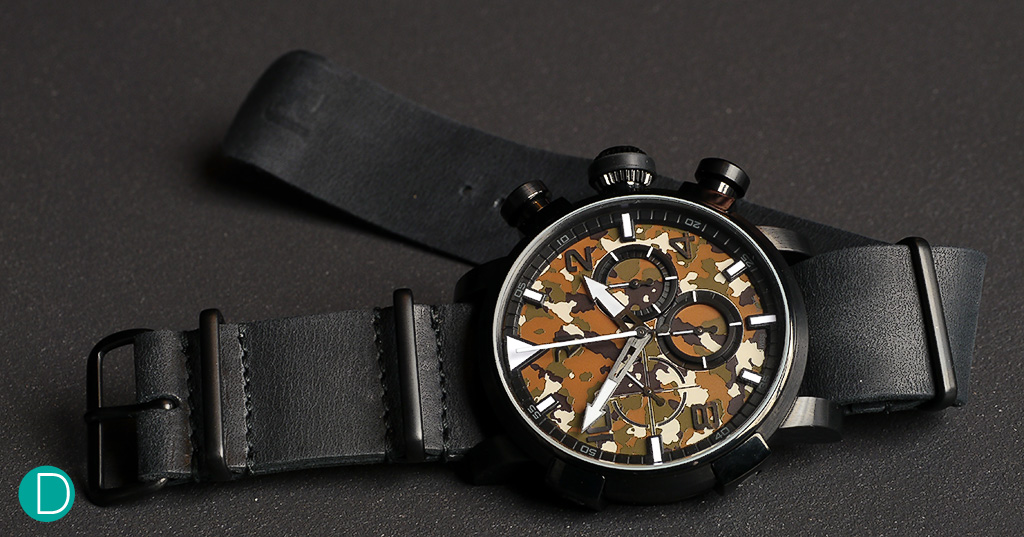 The Romain Jerome Nose Art-DNA is certainly a military-inspired watch, with the nato strap and the camouflage dial.