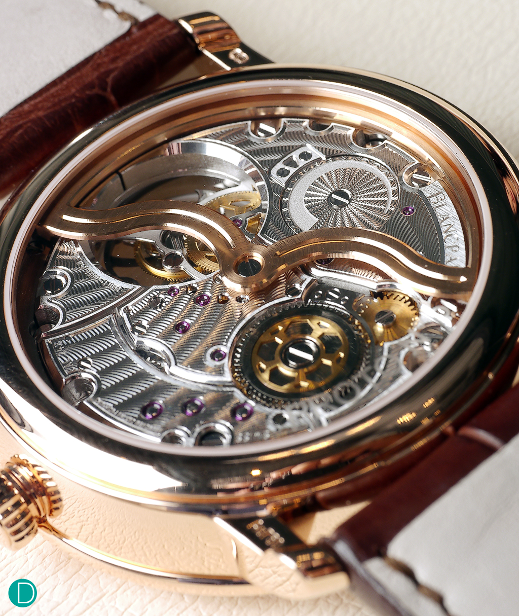 Blancpain caliber 242 flying tourbillon automatic with 12 day power reserve on a single barrel. Note the magnificent finishing details like the hand-guilloché on the plates.