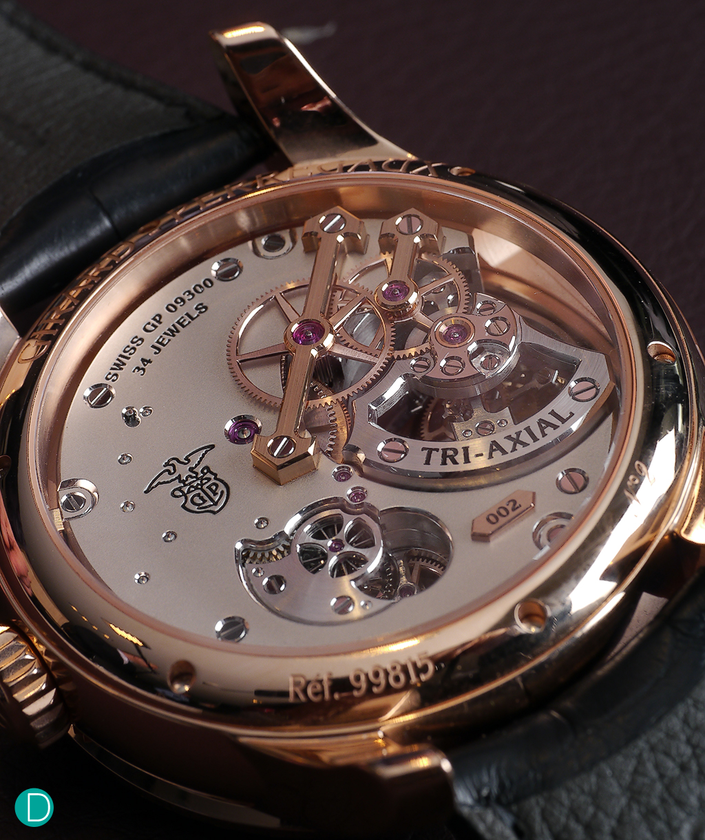 A caseback shot of the watch, featuring bridges with style cues from the iconic "Three Bridges" and the Eagle Motif. 