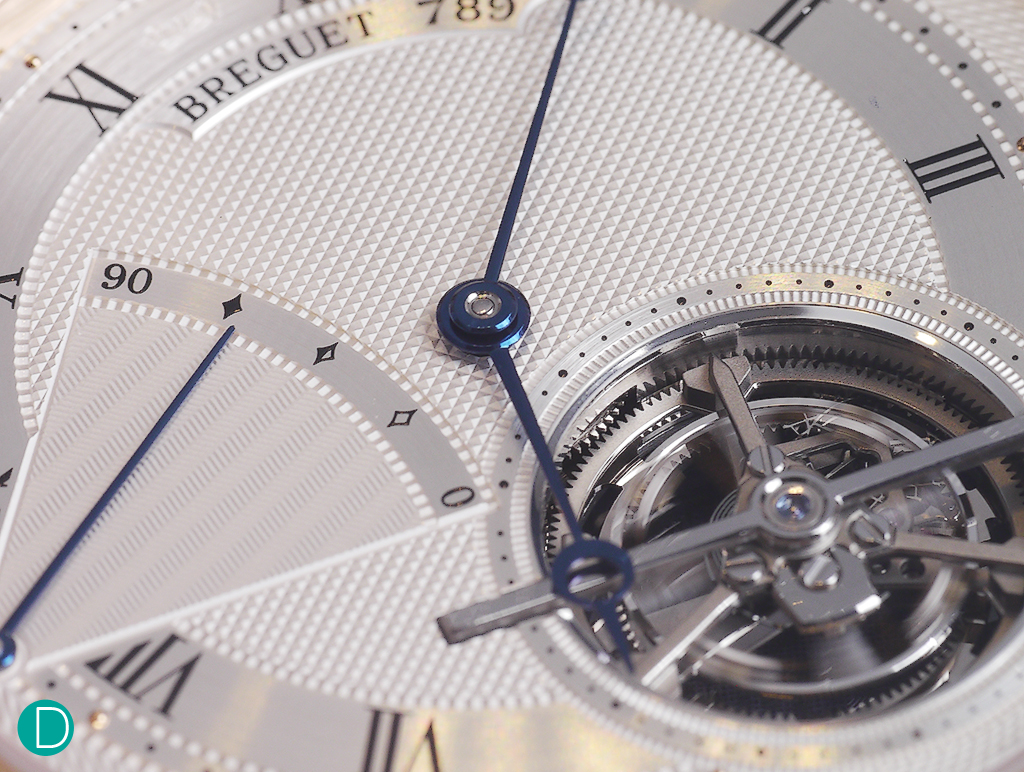 The Breguet dial. Note the  method in which the tourbillon bridge is attached to the dial.  Typically there would be a screw attachment, but in this case not.