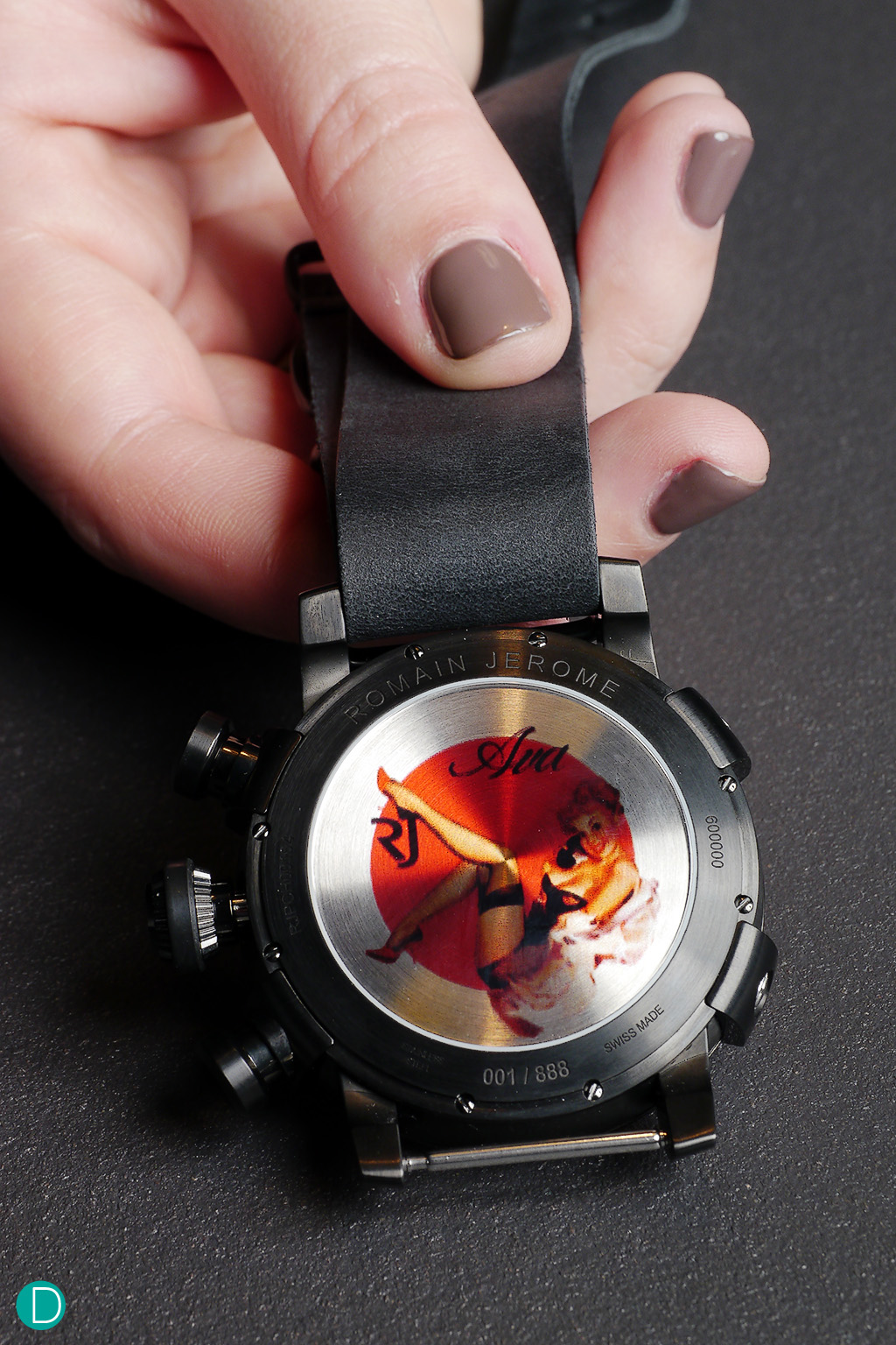 The caseback of the Romain Jerome Nose Art-DNA watch. Possibly one of the highlights of this timepiece itself.