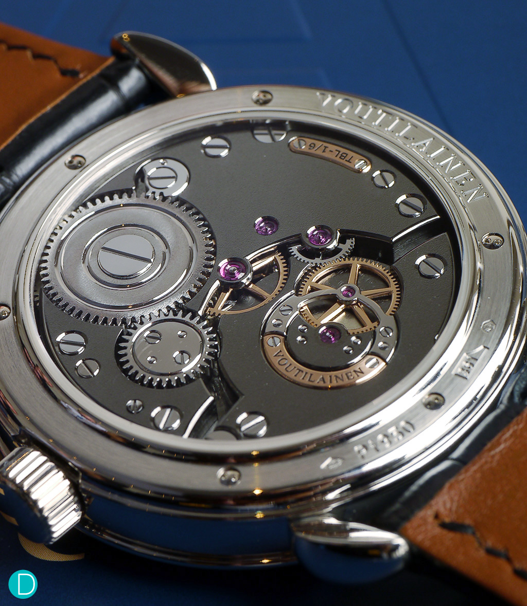 Movement of the Voutilainen Tourbillon-6. Made in German Silver, but which has been heat treated. 