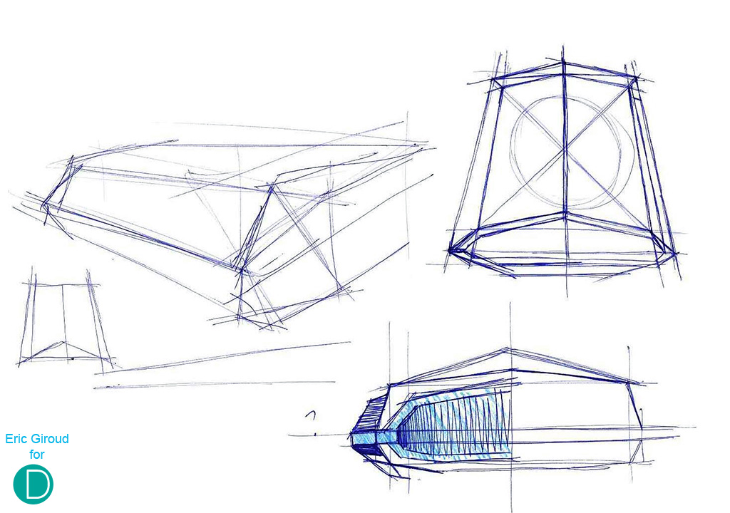 Development sketch by the designer of the Spacecraft: Eric Giroud, showing how the concept shape is visualized and developed.