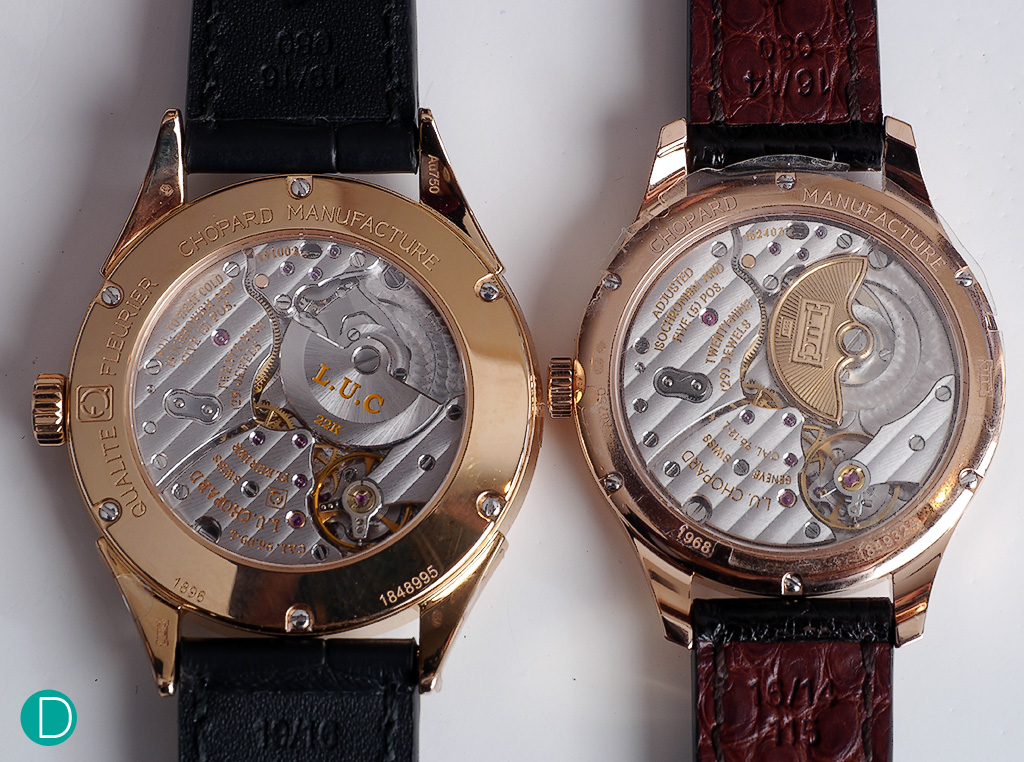 The L.U. Chopard Qualité Fleurier on the left, and the L.U. Chopard Chronometer on the right. Look at the differences in the quality of the movement.