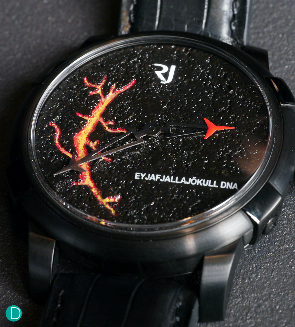 The Romain Jerome Eyjafjallajökull Evo. This piece focuses on the Icelandic Volcano, and the dial is crafted from volcanic rocks that were ejected from the volcano itself. 