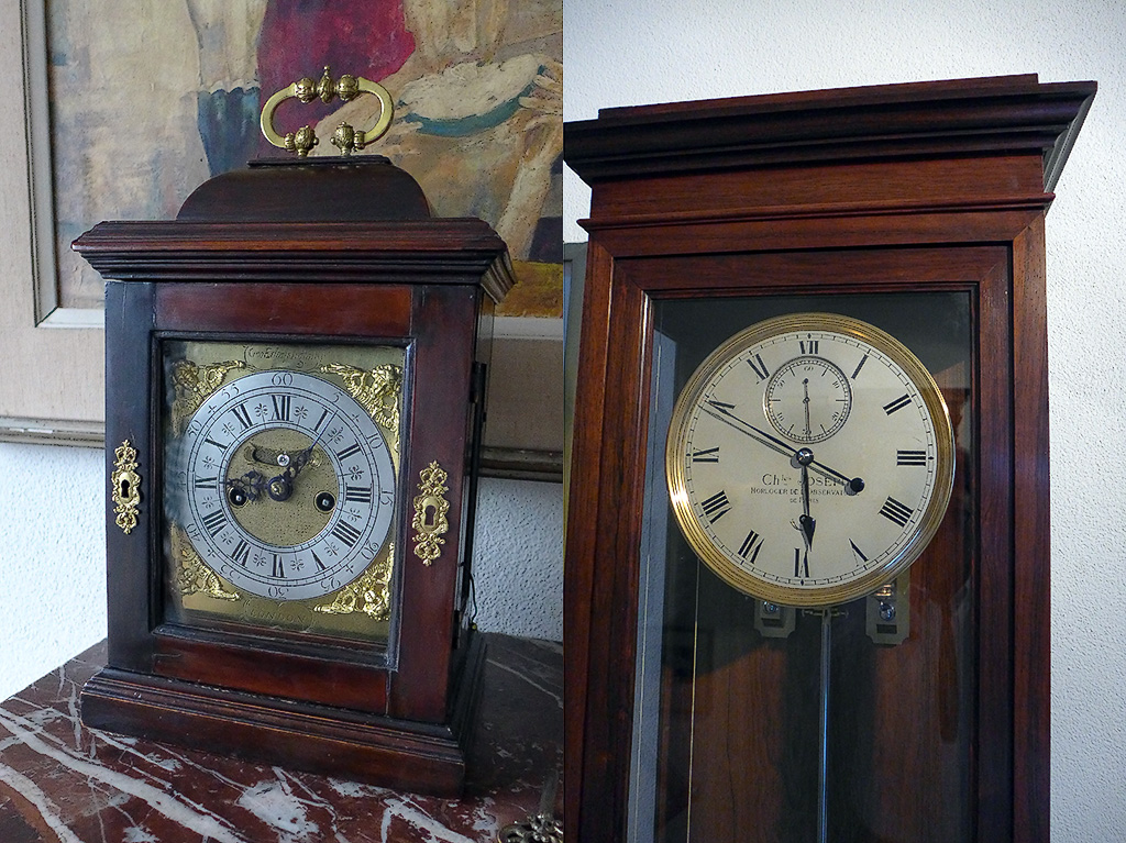 Both the English Striking clock (on the left) and the standing French Observatory clock (on the right) are exceptionally restored by Mr Baumgartner Senior himself.