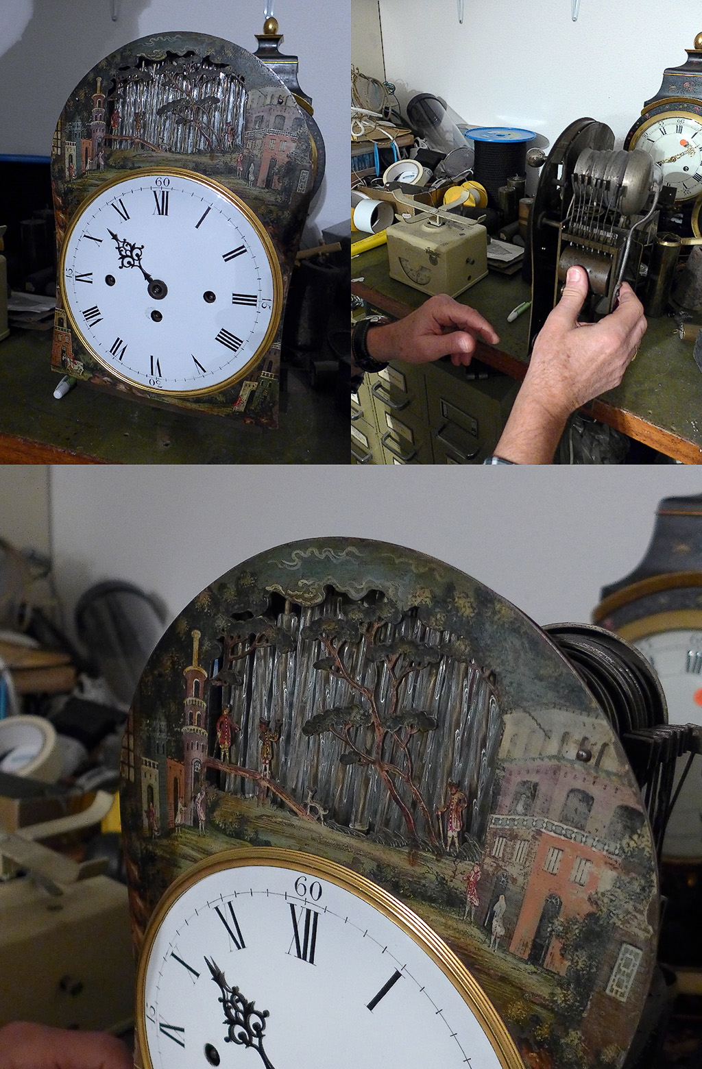 One of the more interesting clocks on restoration- there is a feature that depicts a waterfall when the sonnerie chimes.