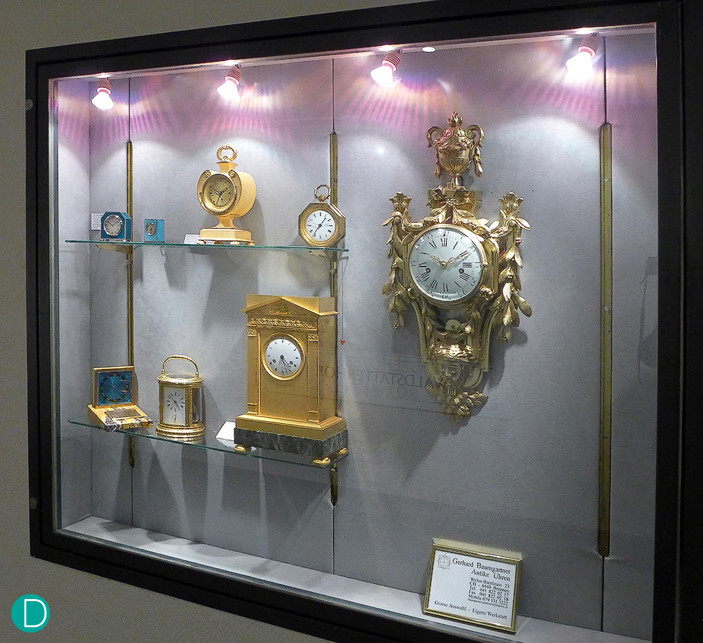 The clocks on display at the Waldstatterhof Hotel.