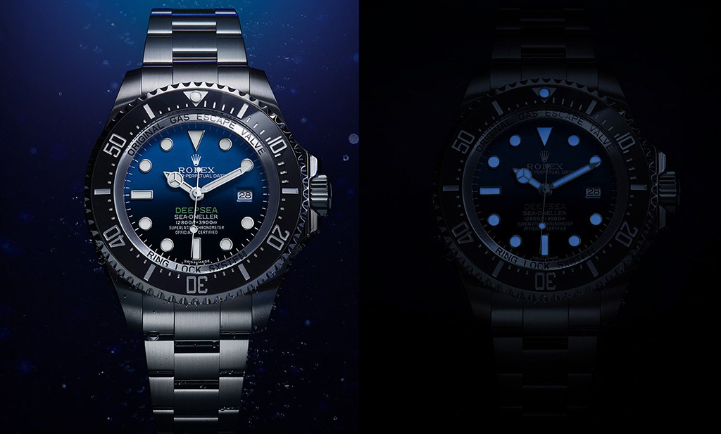 The Rolex Deepsea D-Blue, in different lighting scenarios. 