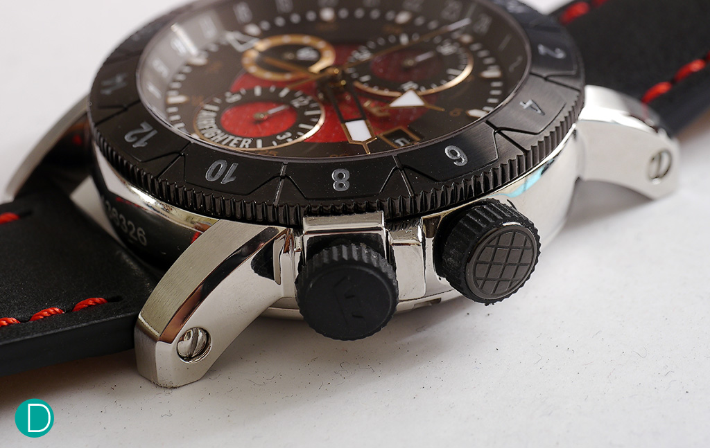 The locking crown is a signature of the Airman line of watches; it prevents the bezel from accidental adjustments. 