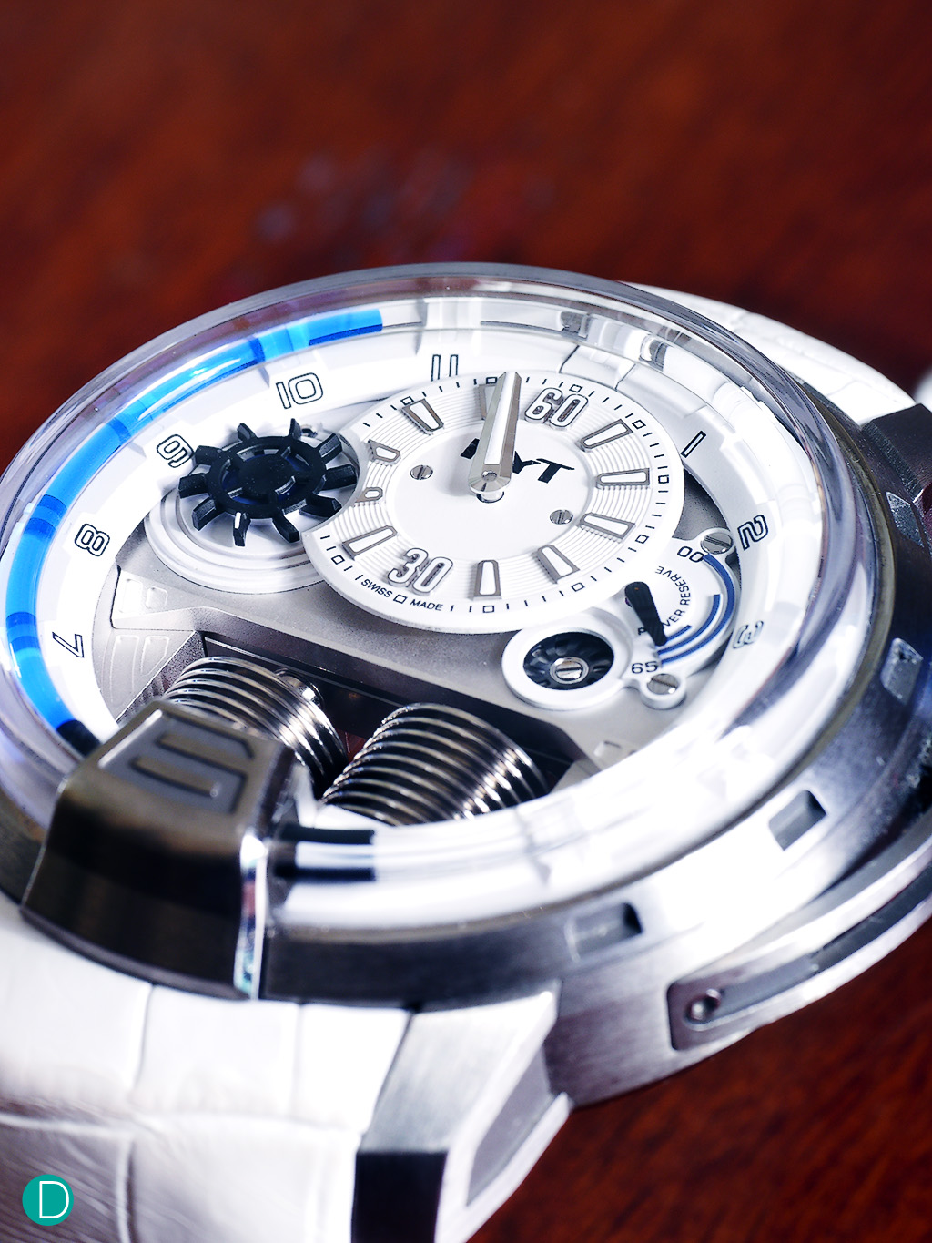 The H1: a collaboration with Jean-François Mojon of Chronode.  This particular piece is known as the Iceberg, for the white dial on a titanium case, and a ice cold blue liquid. 