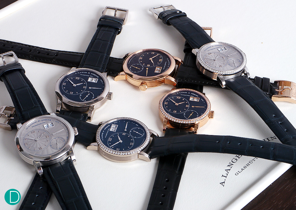 The different variations of the 20th Anniversary Lange 1. 