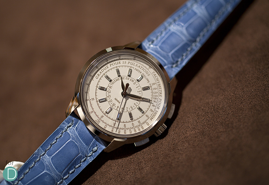 The ladies ref. 4675 is limited to 150 watches each in 18k rose or white gold, with baguette cut diamond hour markers. 