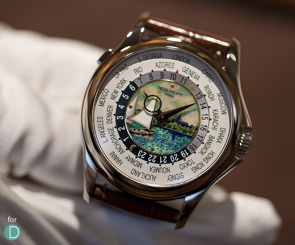 World Timer with an enamel painted centre, featuring a picturesque Geneve harbour. 