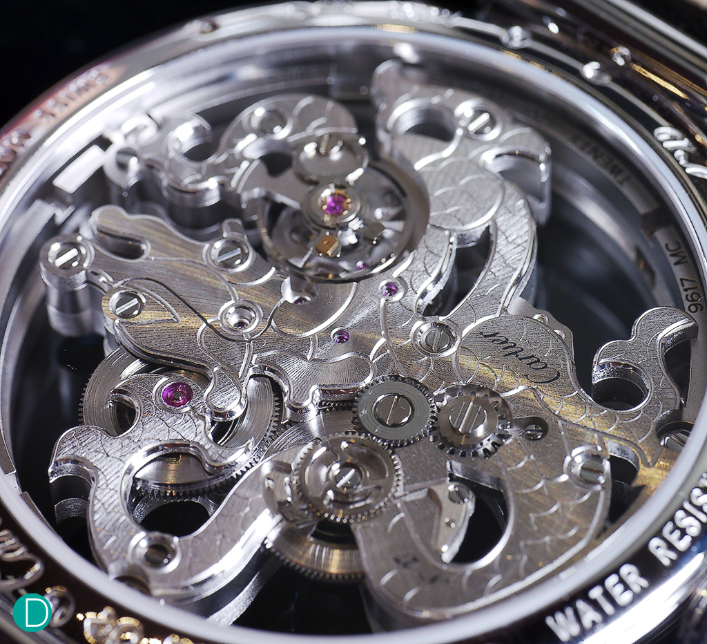The movement of the Pasha de Cartier Skeleton Dragon Motif Alligator. Intricate is the word to describe this. 
