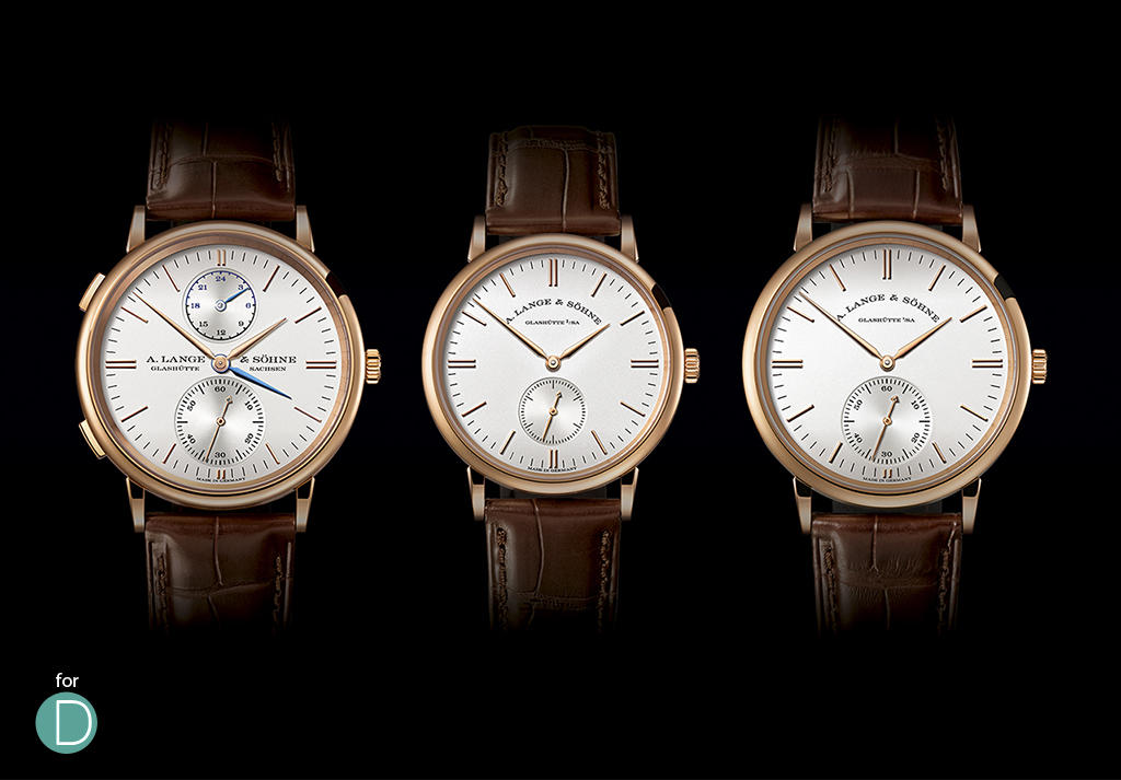 The three new Lange Saxonia from left to right: The Saxonia Dual Time, The Saxonia and The Saxonia Automatic.