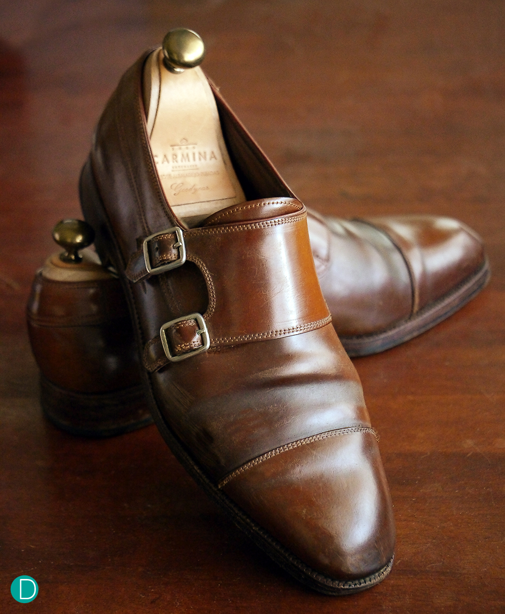 Carmina Double Monk in cordovan. Cordovan is a very strong material made from the membrane of a horse's hinds. The material is stronger, and can take more abuse than regular calf.  Pictured here is the author's own pair, purchased about 8 years ago from the Carmina Boutique in Paris.