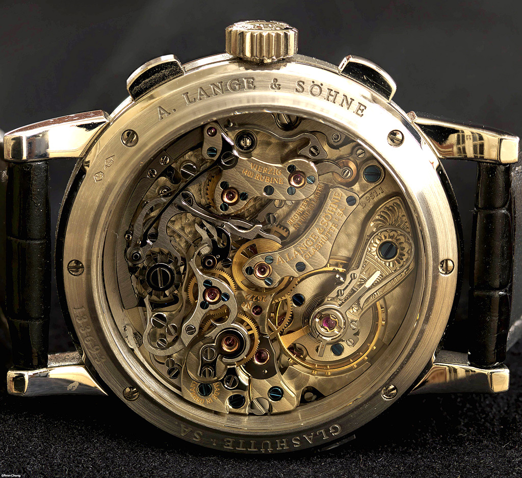 Caseback view of the Lange Datograph. Apart from technical mastery, the level of finishing on this piece remains an undisputed benchmark in watchmaking.