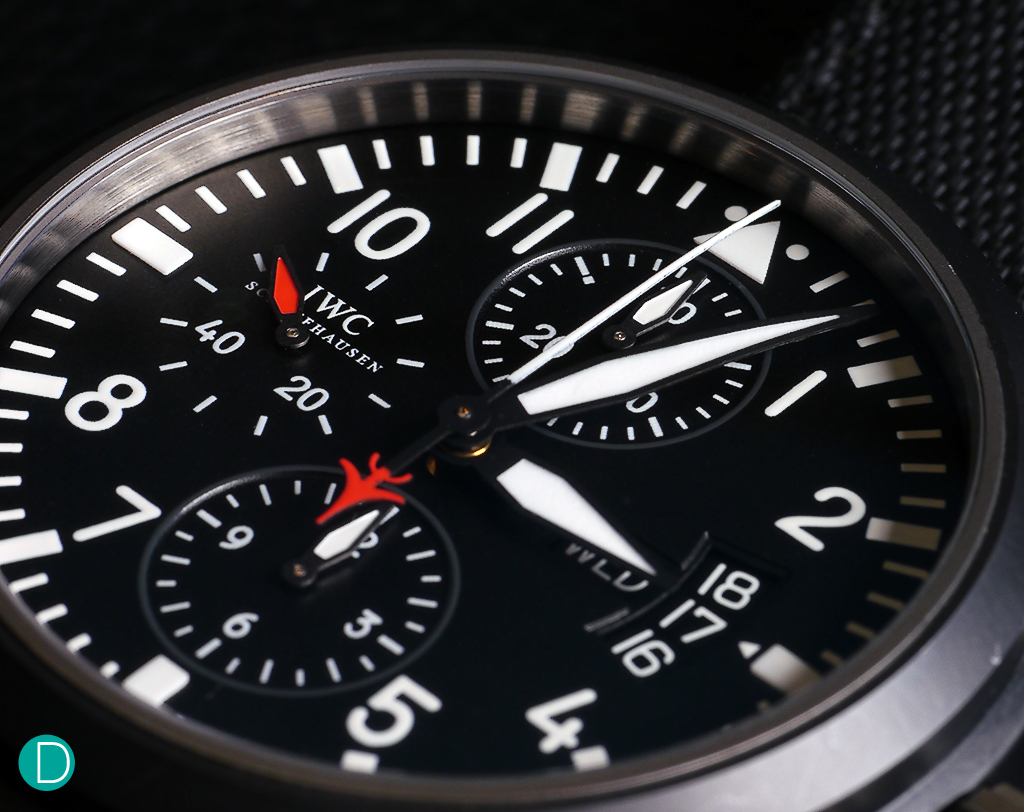 The IWC Top Gun Chronograph. It looks rather mean at first glance, thanks to the black ceramic casing and the black dial. 