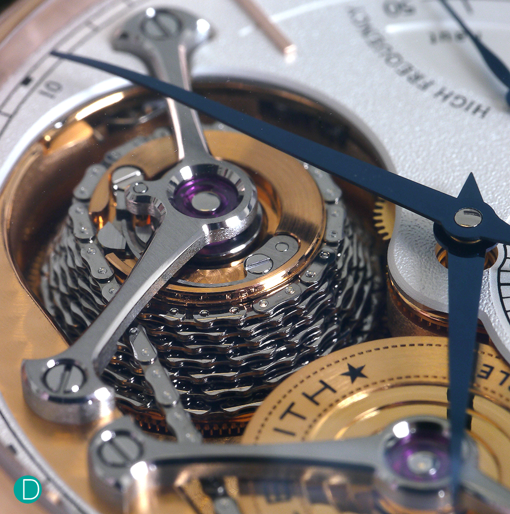 The fusee, fully wound. Note the chain is magnificently made, each link polished. 
