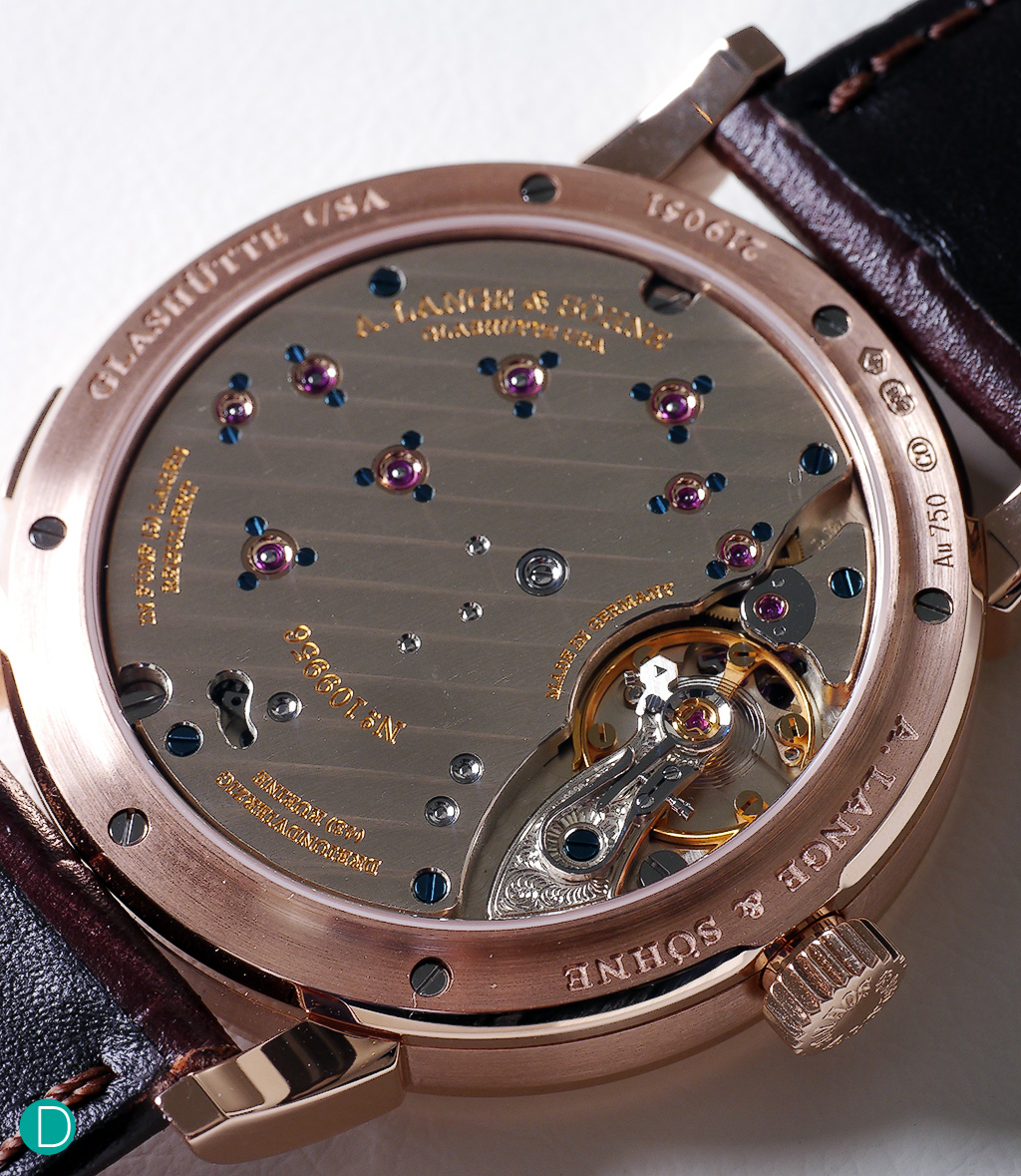 The new Lange 1 movement. Caliber L121.1, now featuring the inhouse manufactured balance system with eccentric weights.
