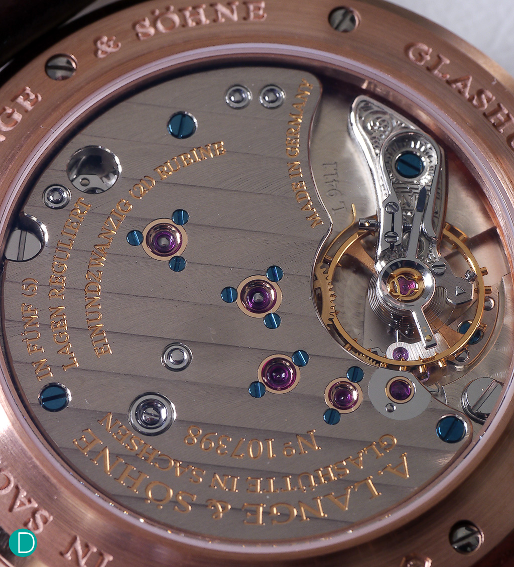 Movement of the handwound Saxonia, caliber L941.1, remains original and unchanged. Note the original screw balance wheel is still featured.