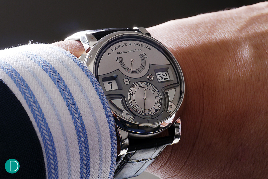 The A. Lange & Söhne Zeitwerk Minute Repeater, on the wrist. 