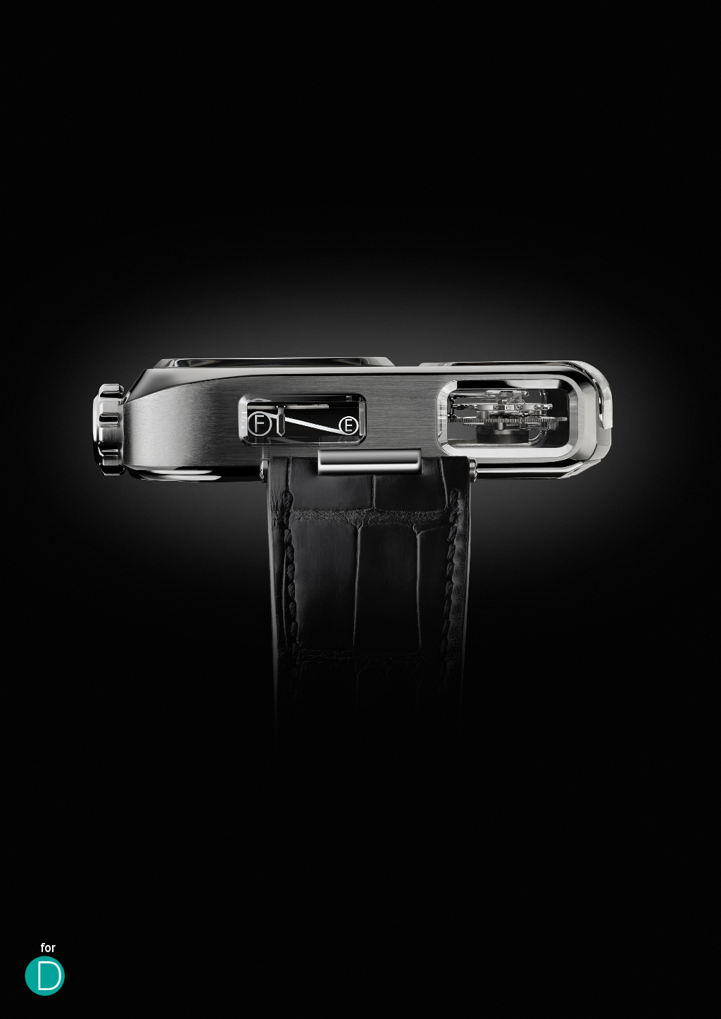 The linear power reserve of the watch is subtly tucked at the side of the watch case. 