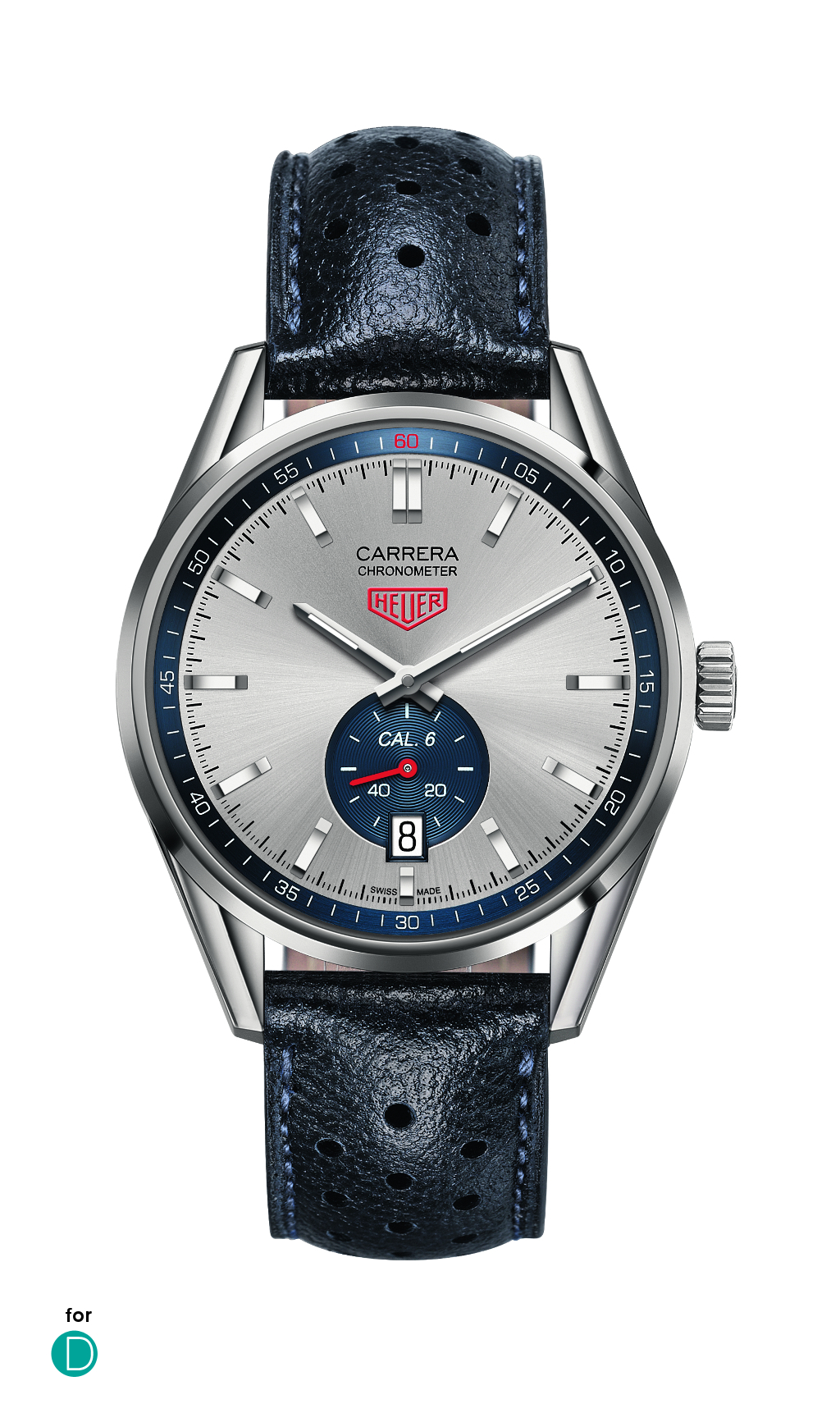 The Tag Heuer Carrera 6,  featuring a COSC-certified movement and a date display at 6 o'clock. 