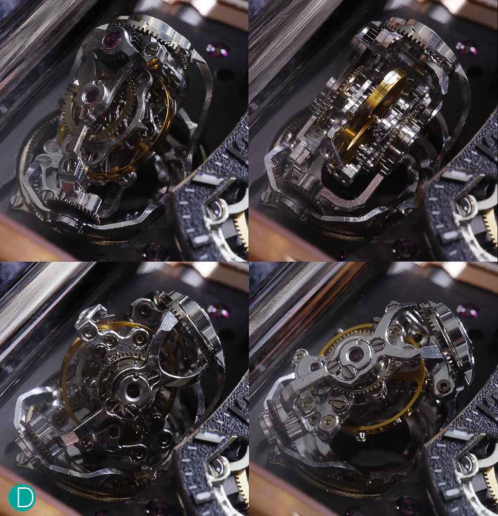 The triple axis tourbillon going about its business. The first each axis in 17 seconds, the seconds in 19 seconds, and the third in 60 seconds respectively
