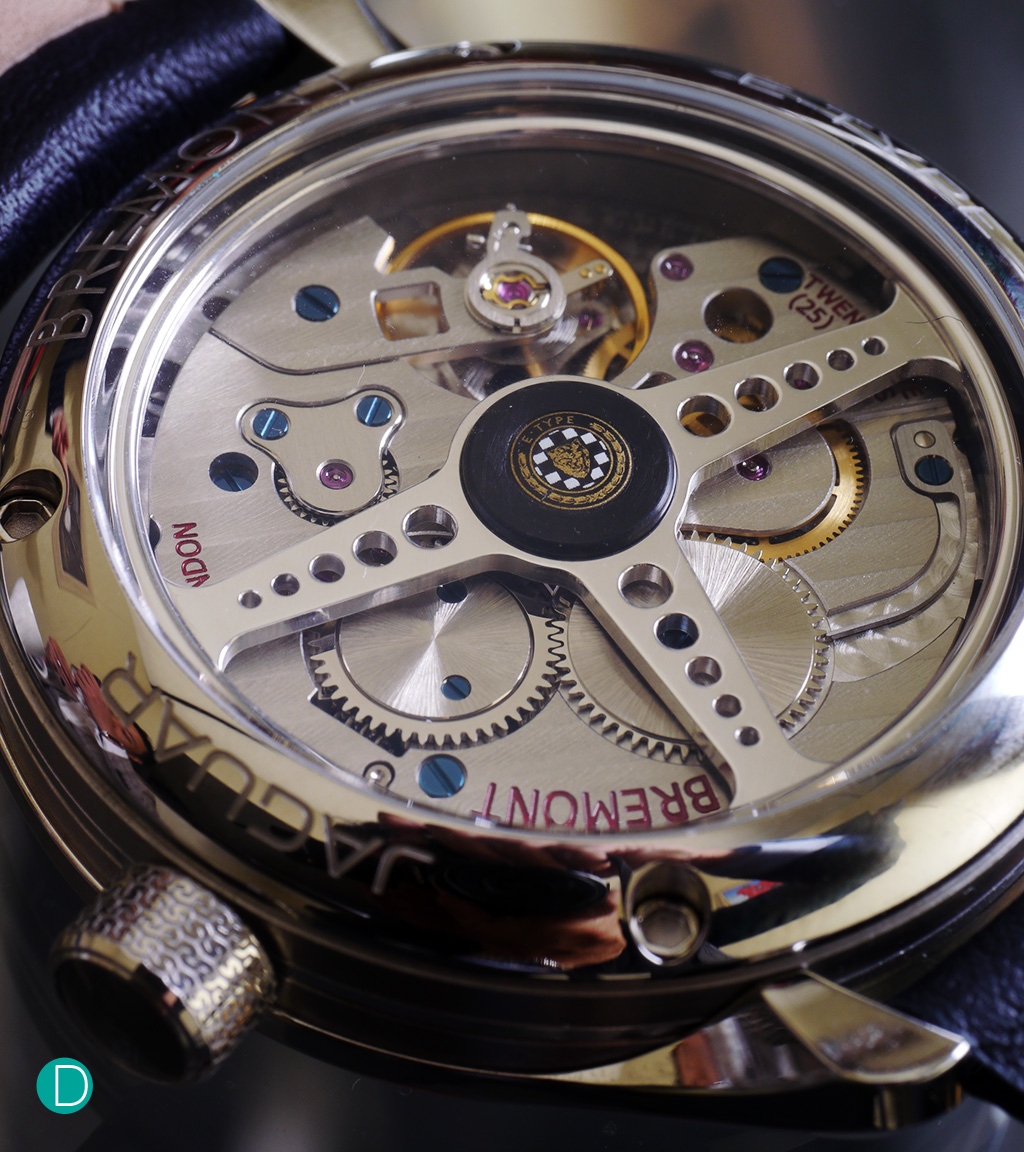 The movement, BWC/01, while not in-house manufactured, is made by La Joux Perret in collaboration with Bremont using some English parts, and is nicely finished.<br />  But the nice touch is the winding rotor which mimics the steering wheel of the Jaguar E Type