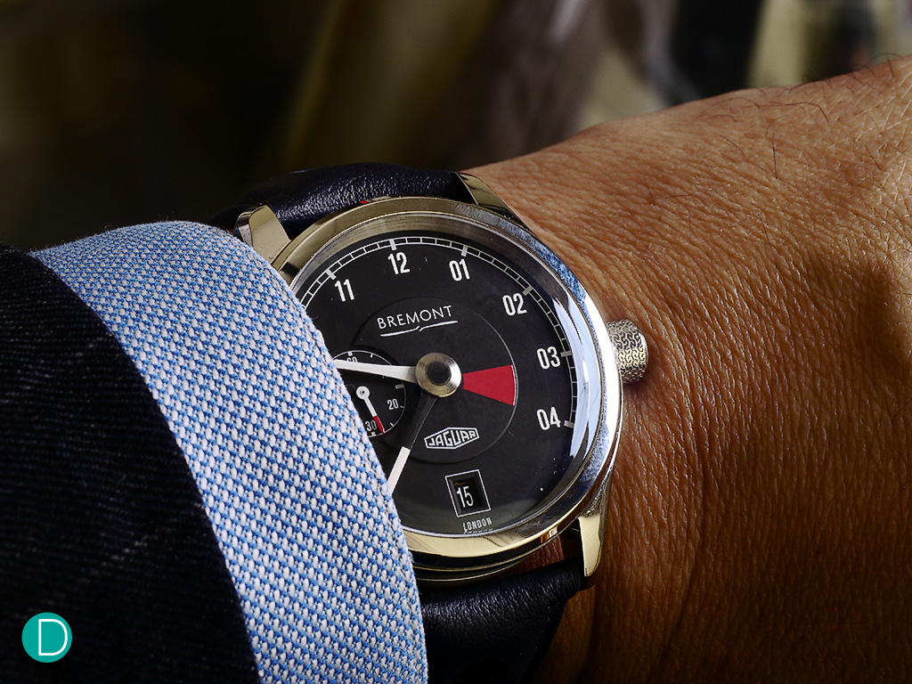 The Bremont Jaguar Mk1. Case in steel, measuring 43mm in diameter and sits very comfortably on the wrist.