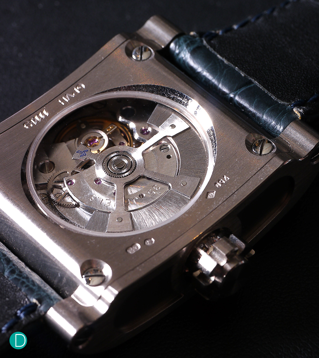The movement of the Goldpfiel Vianney Halter: viewed through the display caseback. 