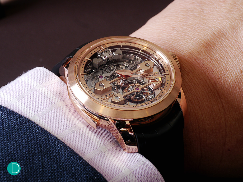 A wrist shot of the GP Minute Repeater Tourbillon with Gold Bridges. Rather comfortable on the wrist. Diameter of case is 45mm.