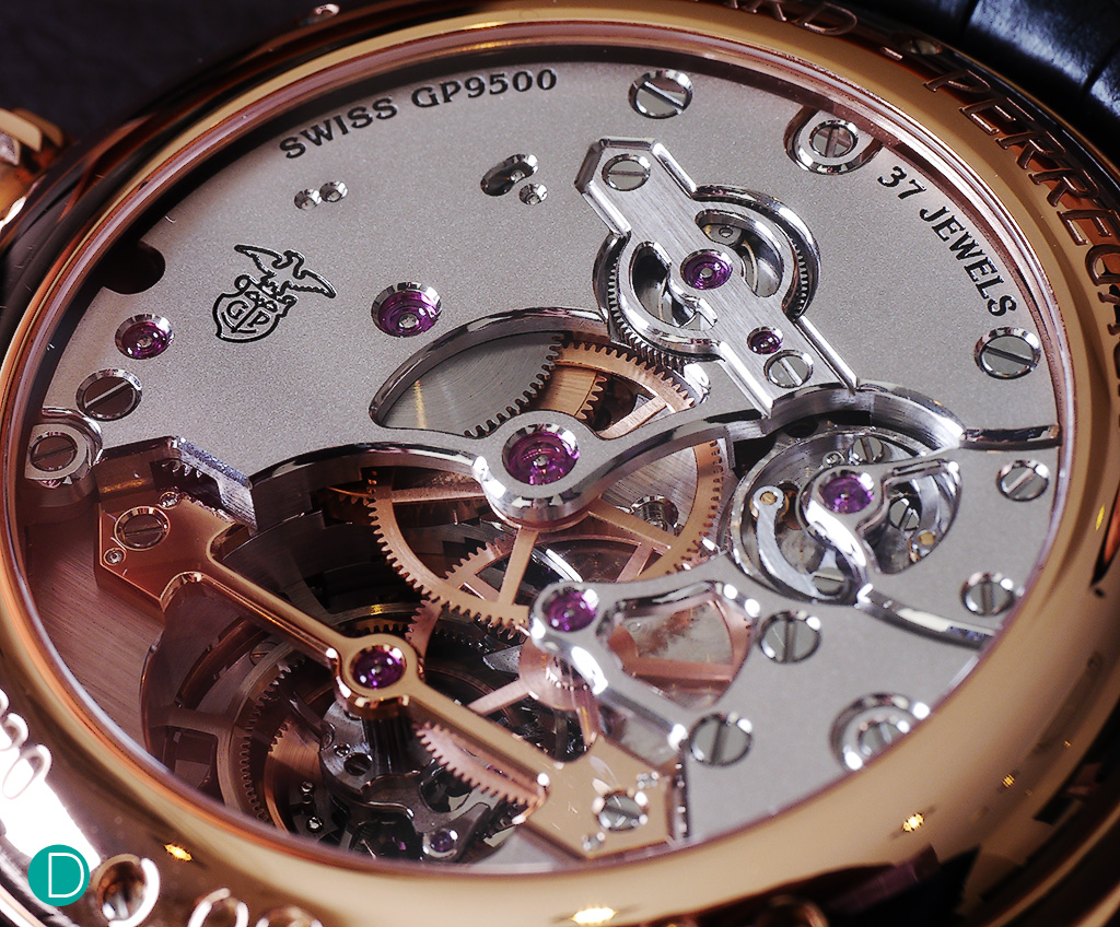 The caliber 9500-0002 movement is magnificent when viewed from the back as well. The bridges are well laid out, and look harmonious in relation to each other, despite the complication.