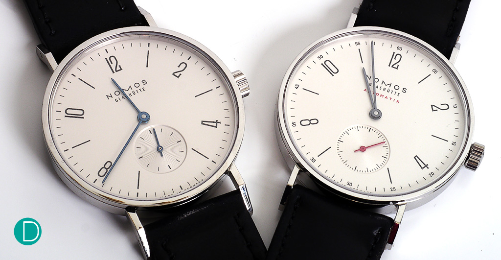 The new Nomos Tangente Automatik, together with the old one variant. Can you guess which one is the new novelty?