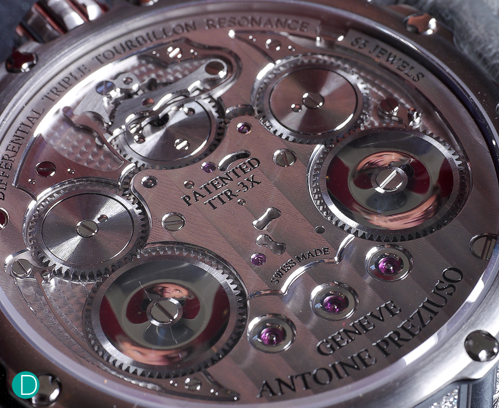 The movement, Caliber Antoine Preziuso AFP-TTR-3X is fully developed by Antoine and his son Forian. Hand finishing is fully apparent, with a multitude of hand finish disciplines displayed.