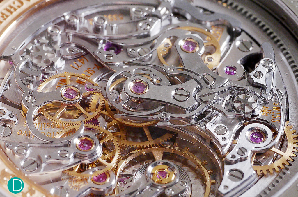 The VC caliber 3500 split seconds chronograph, ultra thin automatic movement wound by a peripheral rotor.