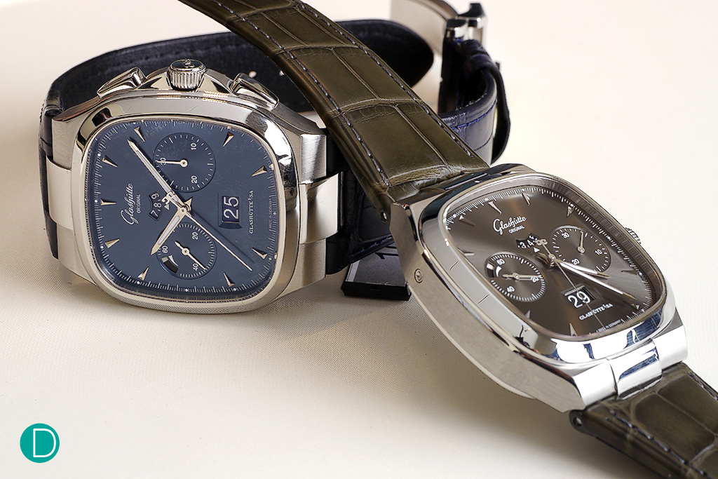 Glashütte Original Seventies Chronograph Panorama Date is available in two dial variations in SS. A beautiful blue dial and a more sober grey dial.